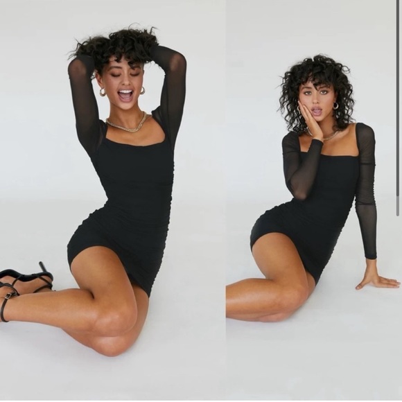 Princess Polly Charvi Black Mesh Long Sleeve Square Neck Ruched Mini Dress - Picture 2 of 11